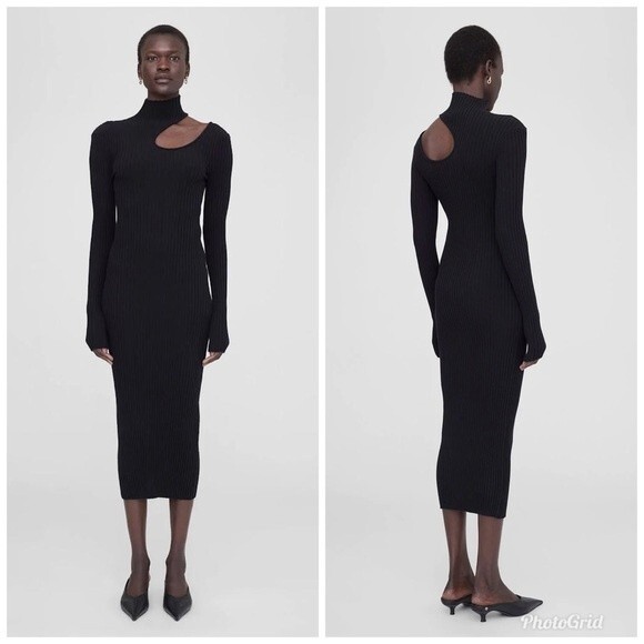 NWT Anine Bing Victoria Cutout Black Turtleneck Rib Knit Dress L - Picture 1 of 8